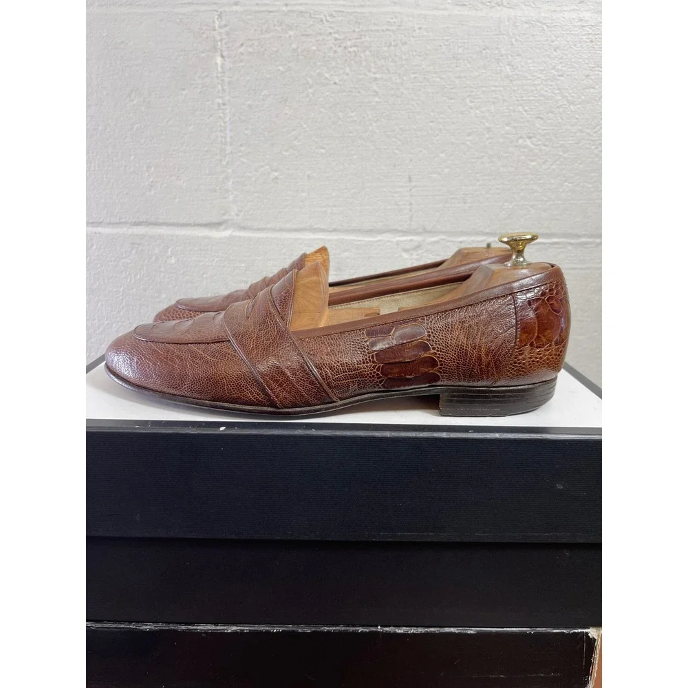 Shoeman Lau‎ Brown Ostrich Leather Penny Loafer Dress Shoes Handmade Men's 10 D